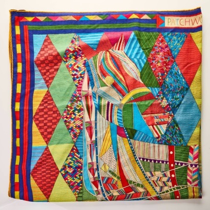 Herm&egrave;s, 65% Cashmere / 35% Silk Patchwork Horse Scarf with Box