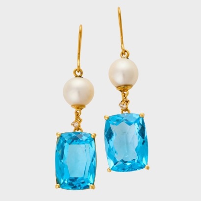 14ct Yellow Gold, Large Rectangular Blue Topaz, 9.5mm Pearl / .03ct Diamond Drop Earrings