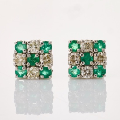14ct White Gold, 3.0mm Emerald / .20ct Diamond Square Cluster Stud Earrings