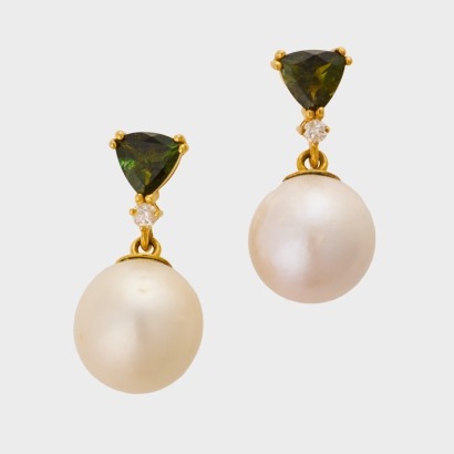 14ct Yellow Gold, Modern, 10mm Pearl / Tourmaline / .02ct Diamond Drop Earrings
