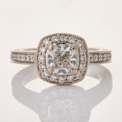 18ct White Gold, Modern, 1.00ct Cushion Cut Diamond / .70cts Diamond Ring