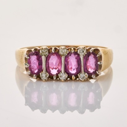 9ct Yellow Gold, Vintage, 0.06ct Diamond / Oval Pink Sapphire Ring