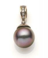 A Tahitian pearl and diamond pendant enhancer. The 10.2mm round pearl with diamond line surmount. 18ct white gold. Weight 3.01 grams. Length 20mm.