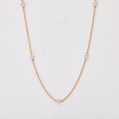 18ct Yellow Gold / White Gold, 46cm Cable Link, 0.62ct Diamond Station Necklace