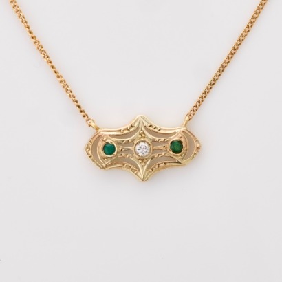 9ct Yellow Gold, 46cm .02ct Diamond / 2mm Emerald Necklace