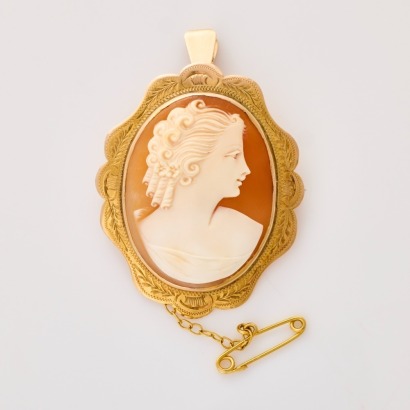 9ct Yellow Gold, Vintage, Shell Cameo Brooch / Pendant