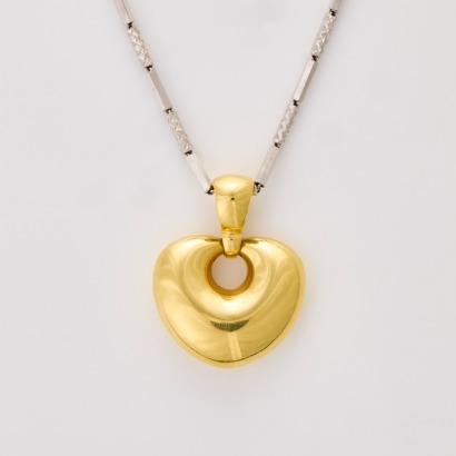 Platinum / 18ct Yellow Gold, Puff Heart Pendant on 45cm Fancy Chain