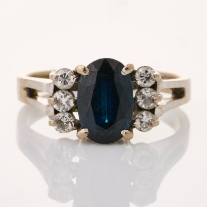 14ct White Gold, Modern, Oval Sapphire / .17ct Diamond Ring