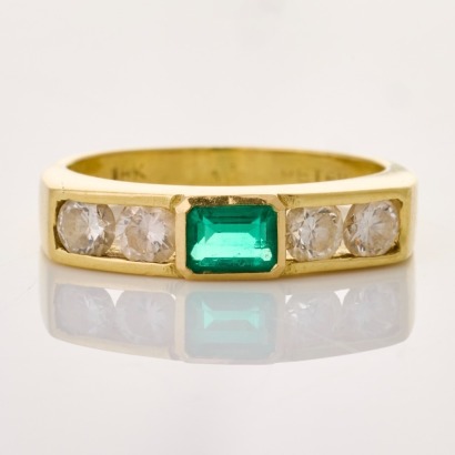18ct Yellow Gold, Modern, Rectangular Cut Emerald / 0.60ct Diamond Ring