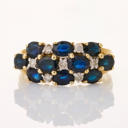 14ct Yellow Gold, Oval Sapphire / 0.07ct Diamond Dome Ring