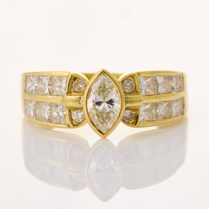 18ct Yellow Gold, Modern, 1.43ct Marquise / Round / Princess Cut Diamond Cluster Ring