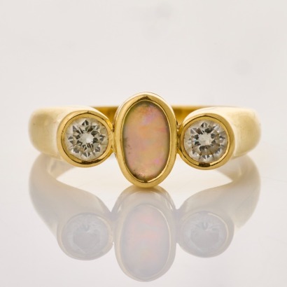 18ct Yellow Gold, Cabochon Cut Opal / 0.55ct Diamond Three Stone Ring