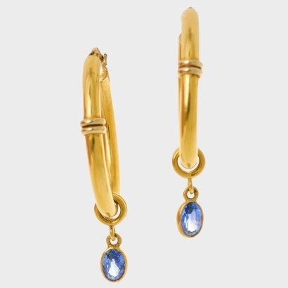 18ct Yellow Gold, 3mm Wide Oval Hoop Earrings with Sapphire Charms
