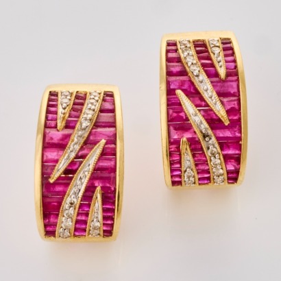 14ct Yellow Gold, 4.38ct Ruby / 0.18ct Diamond Half Hoop Earrings