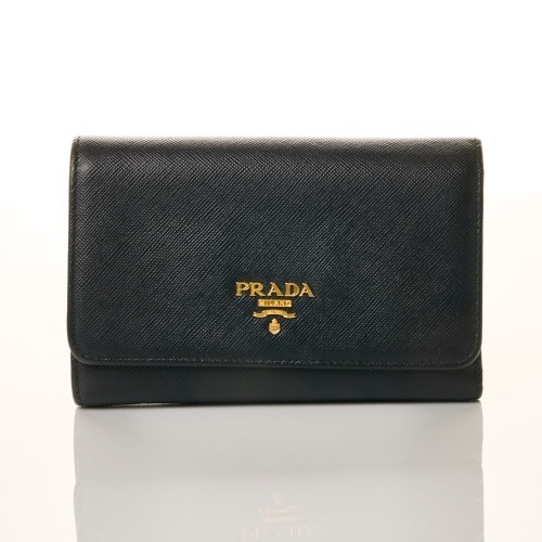 Prada, Black Saffiano Trifold Wallet with Box