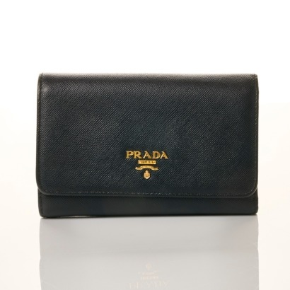 Prada, Black Saffiano Trifold Wallet with Box