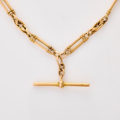 15ct Yellow Gold, 40cm Victorian, T-Bar Paperclip Link Fob Chain