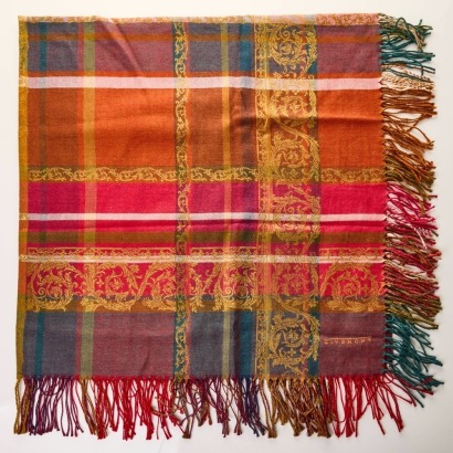 Givenchy, 60% Wool / 40% Silk, Red Plaid Large Shawl