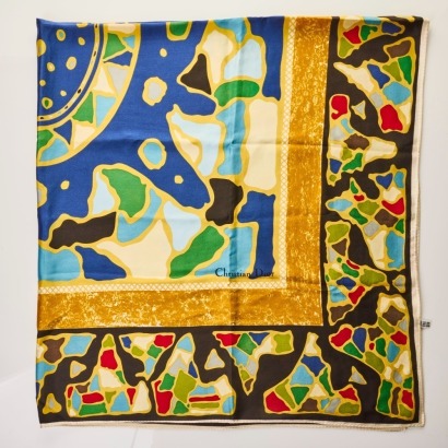 Christian Dior, Blue / Yellow, 100% Silk Shawl