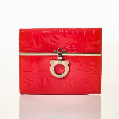 Salvatore Ferragamo, Coral Patent Leather Gancini Wallet with Box