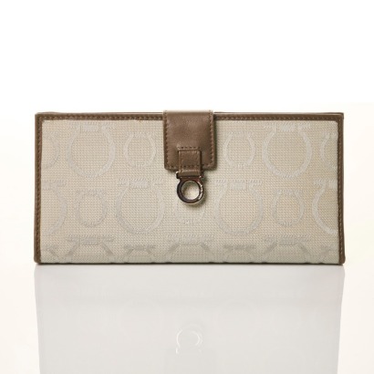 Salvatore Ferragamo, Silver Canvas Gancini Long Wallet with Box