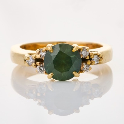 9ct Yellow Gold, Modern 1.66ct Green Sapphire / .12cts Diamond Ring