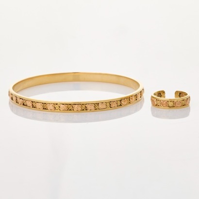 9ct Yellow Gold / Rose Gold Flower Insert Bangle with Matching Ring, NZ made by Abbey International