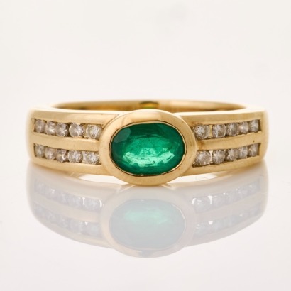 9ct Yellow Gold, Modern, Oval Emerald / .20ct Diamond Ring