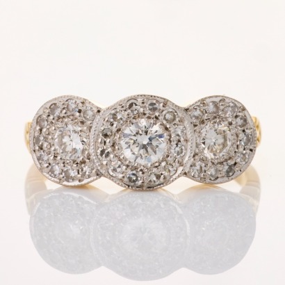 18ct Yellow / White Gold, Modern, 0.84ct Diamond Triple Cluster Ring