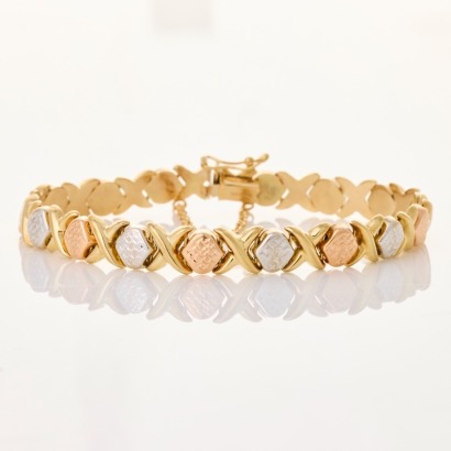 10ct Tricolour Gold, 19cm Hugs & Kisses Hollow Link Bracelet