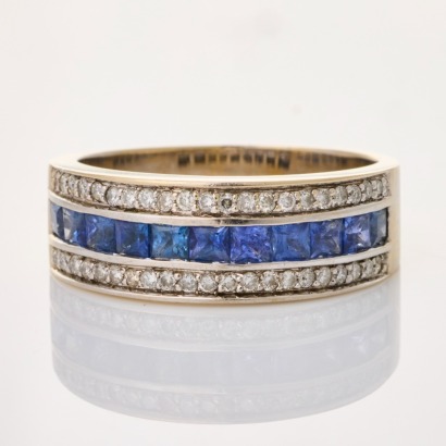 18ct White Gold, Modern, 2.2mm Sapphire / .25ct Diamond Three Row Ring