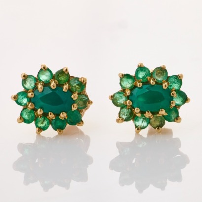 9ct Yellow Gold, Oval Chalcedony / Emerald Cluster Earrings