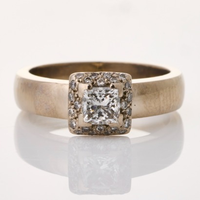18ct White Gold, Modern .43ct Princesss Cut / .15ct Daimond Ring by Seventy Six Design