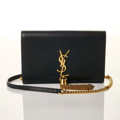 Saint Laurent, Black Leather Kate Tassel Wallet on Chain with Box