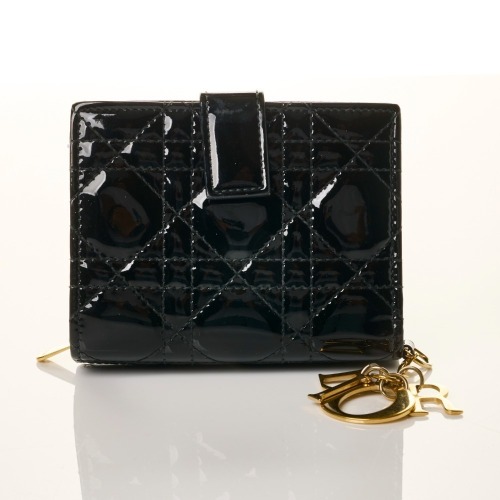 Christian Dior, Patent Black Quilted Compact Wallet