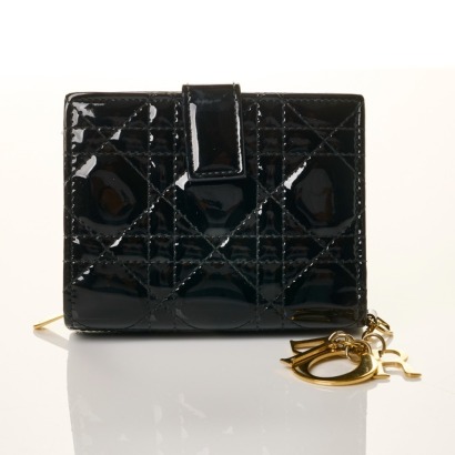 Christian Dior, Patent Black Quilted Compact Wallet