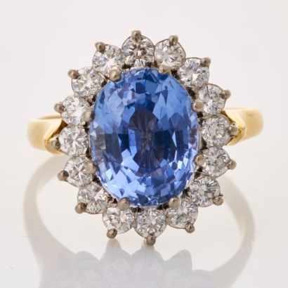 Platinum /18ct Yellow Gold, 5.21ct Sapphire / 0.84ct Diamond Traditional Cluster Ring