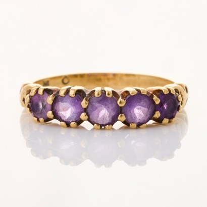 9ct Yellow Gold, Five Stone 4mm Amethyst Ring