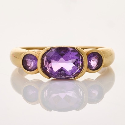 9ct Yellow Gold, Vintage, Three Stone Amethyst Dress Ring