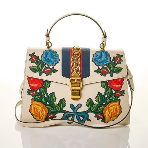 Gucci, White Calfskin Leather Floral Embroidered Sylvie Top Handle Bag. Size M