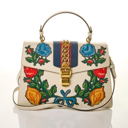 Gucci, White Calfskin Leather Floral Embroidered Sylvie Top Handle Bag. Size M