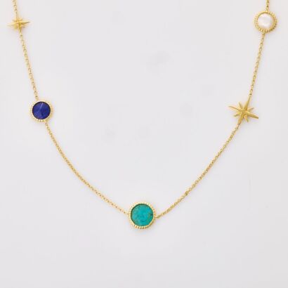 APM Monaco, Sterling Silver, Mother of Pearl, CZ / Blue Stone Station Necklace