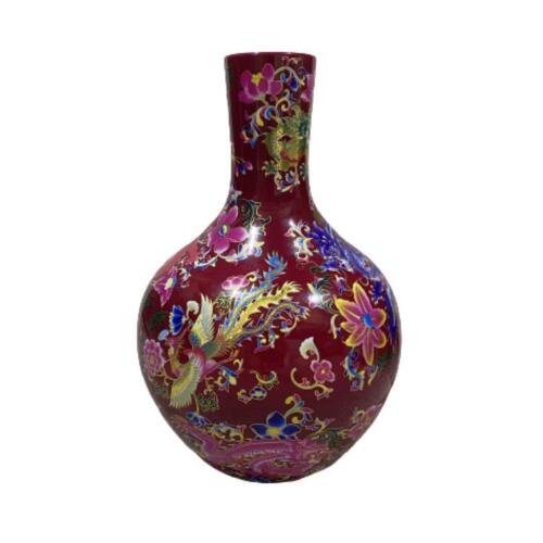 A Chinese Red Galzed Famille Rose 'Dragon' Bottle Vase