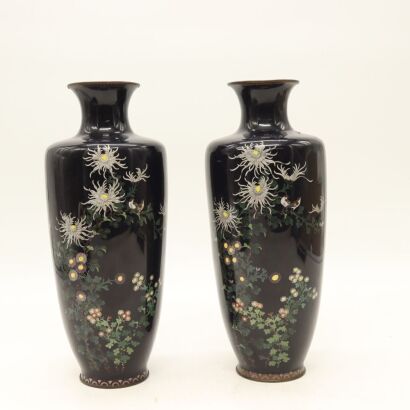 A Pair of Early to Mid-20th Century Japanese Meiji-style Cloisonn&eacute; Enamel &lsquo;Chrysanthemums&rsquo; Vases