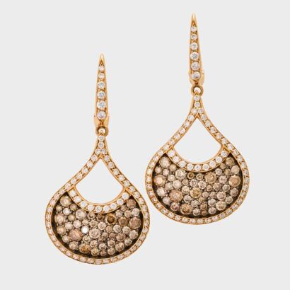 18ct Rose Gold, Partridge Jewellers, Modern, 1.06ct Diamond / 2.20ct Champagne Diamond Pave Set Drop Earrings - Near new