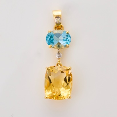 14ct Yellow Gold, Modern, Oval Topaz / Cushion Cut Citrine / .02ct Diamond Pendant