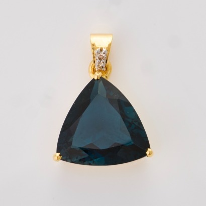 14ct Yellow Gold, Modern, Trilliant London Blue Topaz / .03ct Diamond Pendant