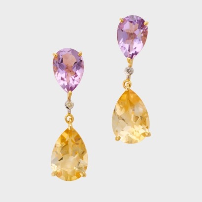 14ct Yellow Gold, Modern, Citrine / Amethyst / .02ct Diamond Drop Earrings