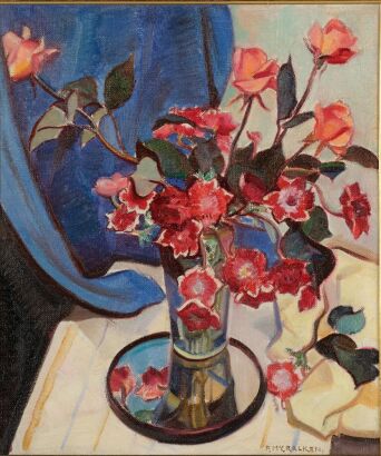 FRANCIS MCCRACKEN Pink Roses in a Glass Tumbler
