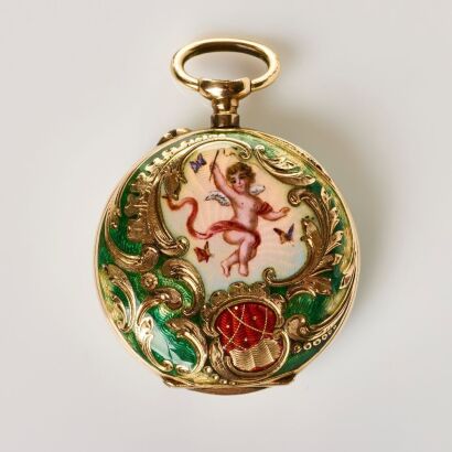 14ct Yellow Gold, 26mm Basse Taille & Champeleve Enamel Fob Watch, circa late C19th